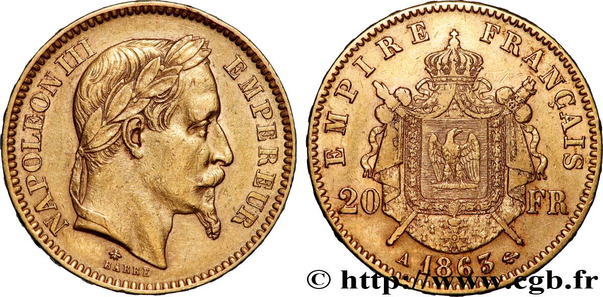 20 francs or Napoléon III, tête laurée 1863 Paris F.532/6 TTB 
