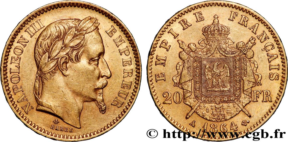 20 francs or Napoléon III, tête laurée 1864 Paris F.532/8 MBC+ 