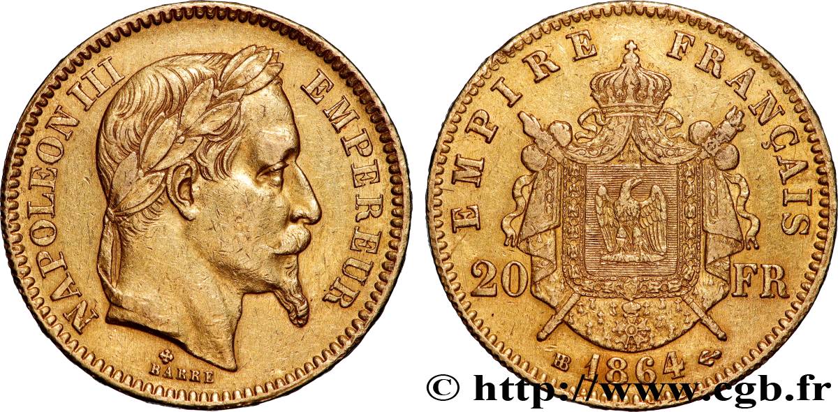 20 francs or Napoléon III, tête laurée 1864 Strasbourg F.532/9 TTB 