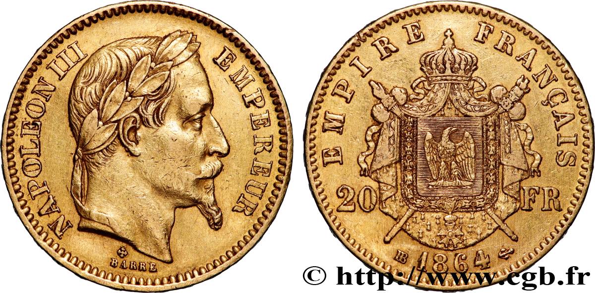 20 francs or Napoléon III, tête laurée 1864 Strasbourg F.532/9 TTB 
