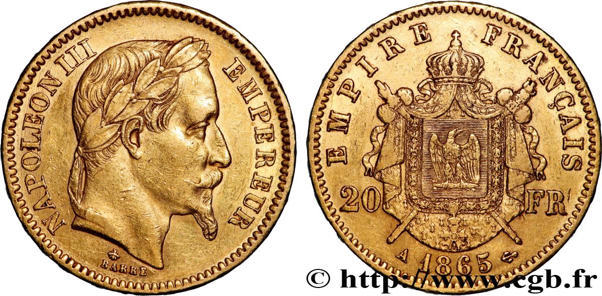 20 francs or Napoléon III, tête laurée 1865 Paris F.532/11 XF 