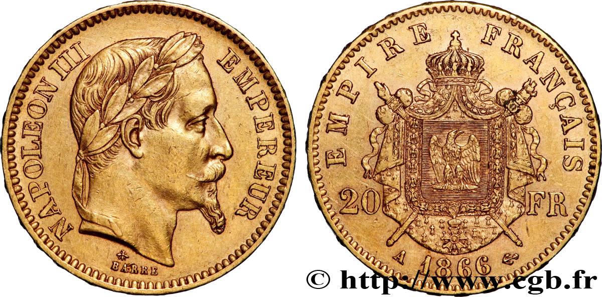 20 francs or Napoléon III, tête laurée 1866 Paris F.532/13 TTB 