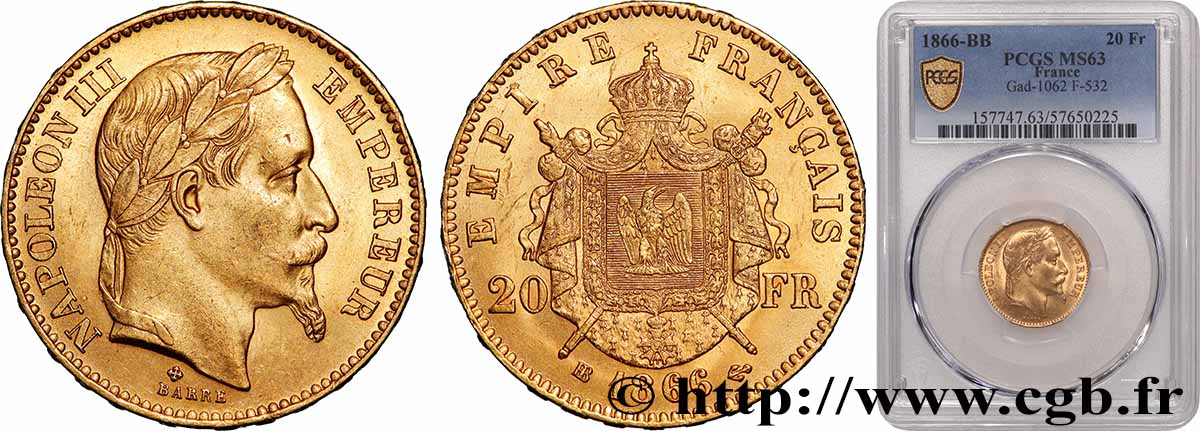 20 francs or Napoléon III, tête laurée 1866 Strasbourg F.532/14 SPL63 PCGS