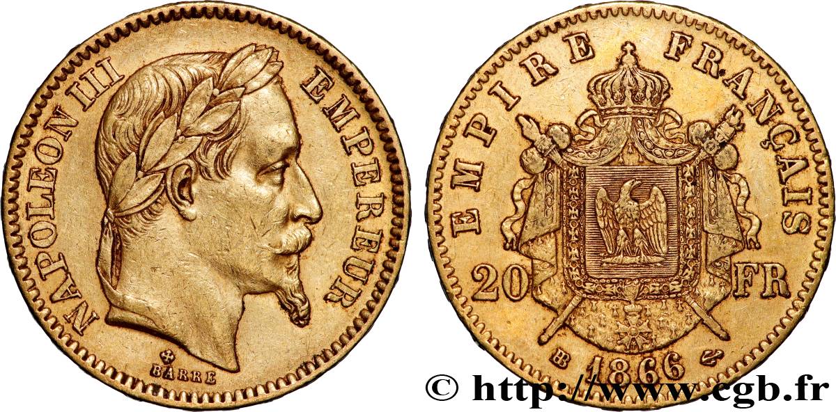 20 francs or Napoléon III, tête laurée 1866 Strasbourg F.532/14 TTB 