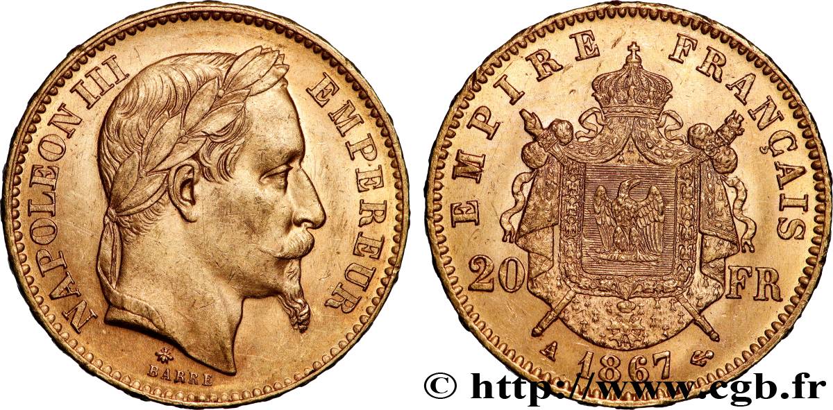 20 francs or Napoléon III, tête laurée 1867 Paris F.532/15 SUP58 