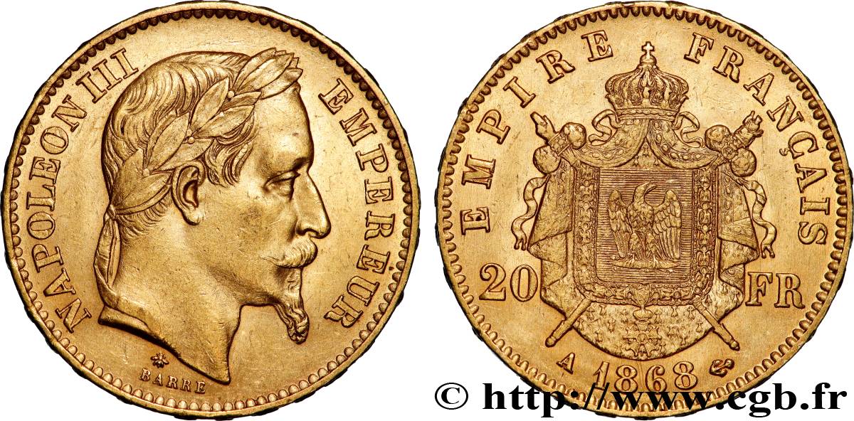 20 francs or Napoléon III, tête laurée 1868 Paris F.532/18 AU55 