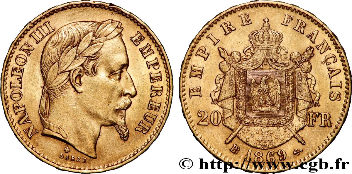 20 francs or Napoléon III, tête laurée, grand BB 1869 Strasbourg F.532/22 fVZ 