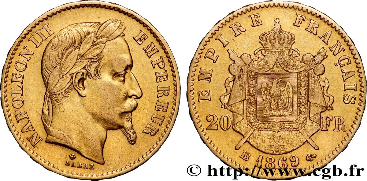20 francs or Napoléon III, tête laurée, grand BB 1869 Strasbourg F.532/22 XF 