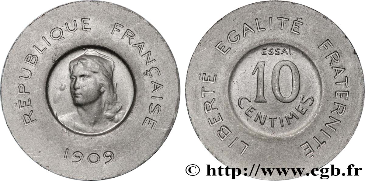 Essai de 10 centimes Rude en aluminium, poids léger 1909 Paris GEM.35 5 var. SUP+/SPL 