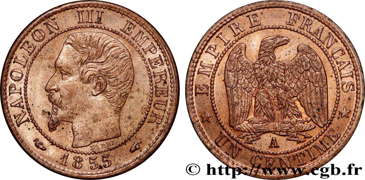 Un centime Napoléon III, tête nue, différent levrette 1855 Paris F.102/15 SPL63 