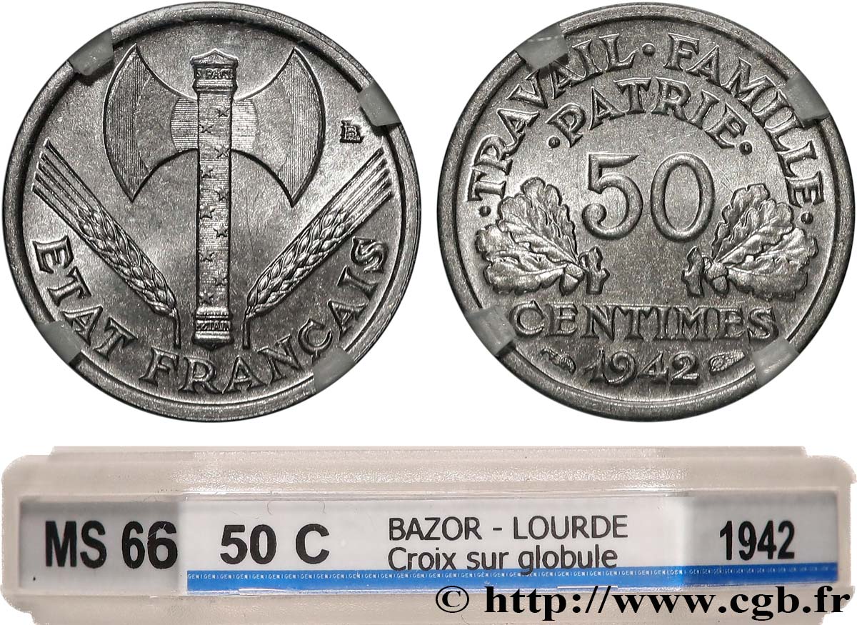 50 centimes Francisque, lourde, premiers exemplaires avec les CROIX 1942 Paris F.195/2 FDC66 GENI