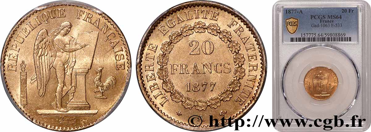 20 francs or Génie, Troisième République 1877 Paris F.533/5 MS64 PCGS
