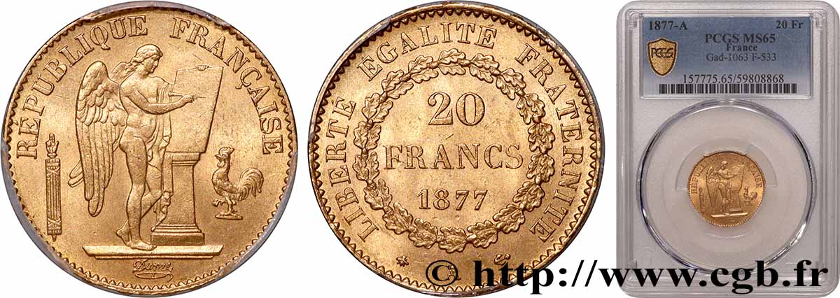 20 francs or Génie, Troisième République 1877 Paris F.533/5 FDC65 PCGS