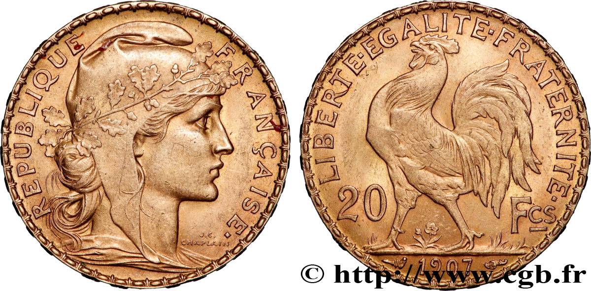 20 francs or Coq, Liberté Égalité Fraternité 1907 Paris F.535/1 SUP 