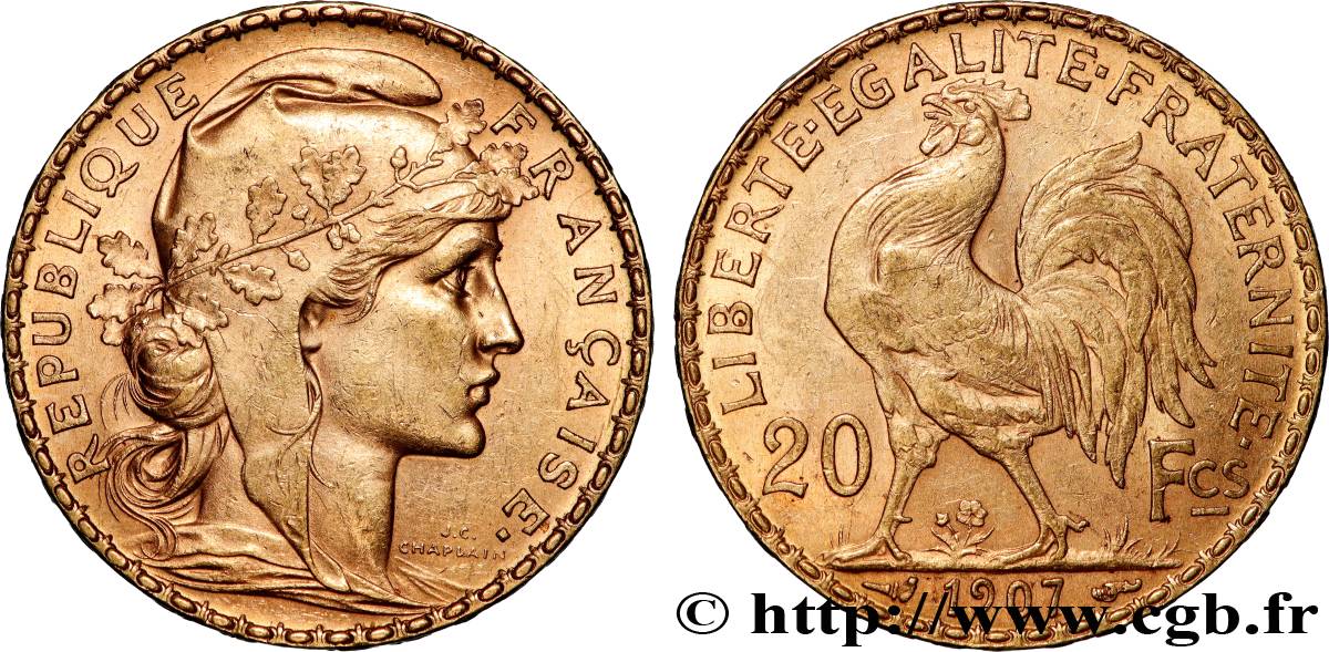 20 francs or Coq, Liberté Égalité Fraternité 1907 Paris F.535/1 SPL 