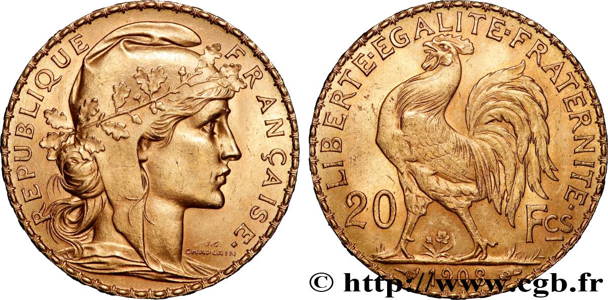 20 francs or Coq, Liberté Égalité Fraternité 1908 Paris F.535/2 SUP+ 