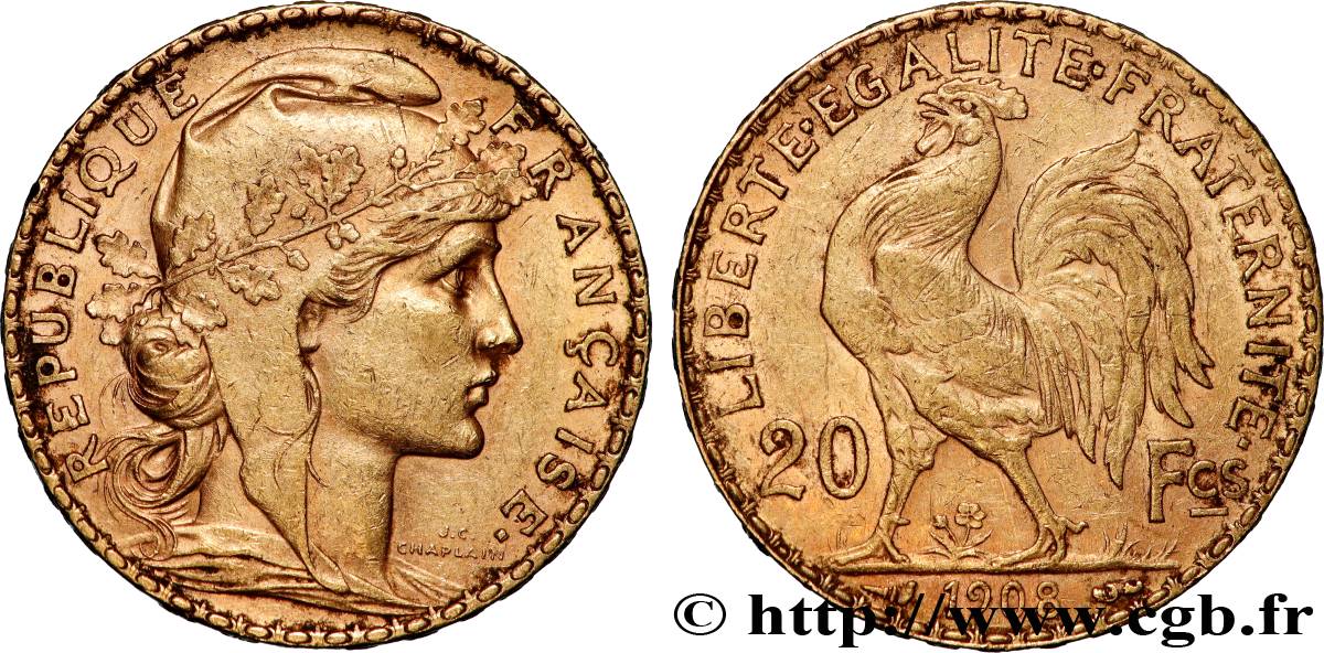 20 francs or Coq, Liberté Égalité Fraternité 1908 Paris F.535/2 TTB+ 