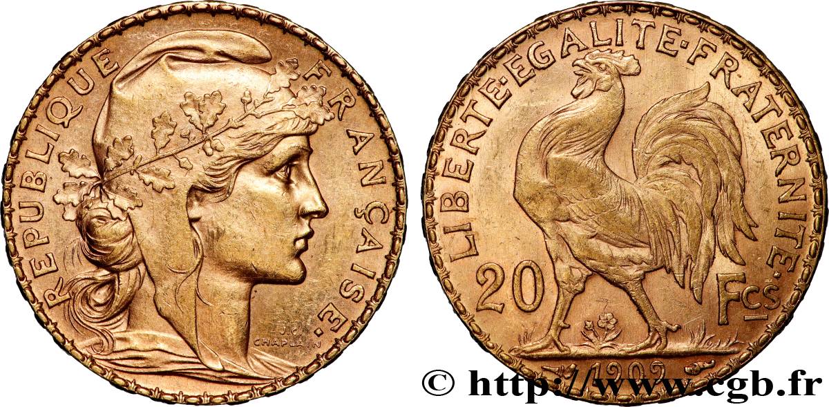 20 francs or Coq, Liberté Égalité Fraternité 1909 Paris F.535/3 SUP 