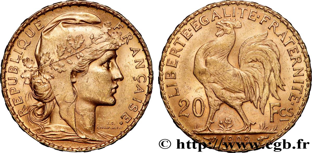 20 francs or Coq, Liberté Égalité Fraternité 1909 Paris F.535/3 SUP 