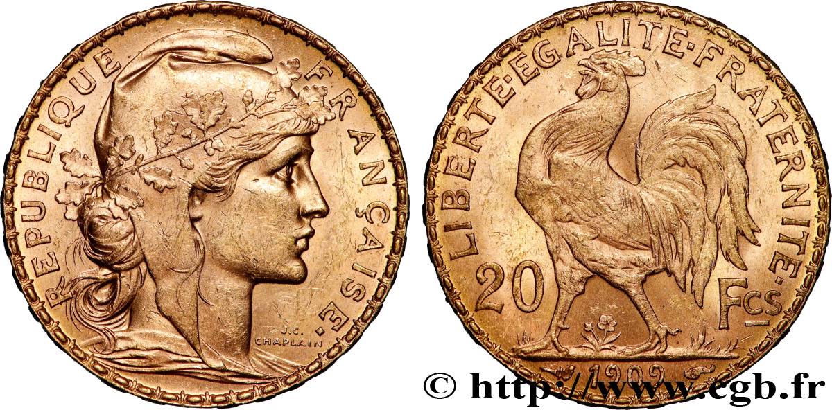 20 francs or Coq, Liberté Égalité Fraternité 1909 Paris F.535/3 SUP 