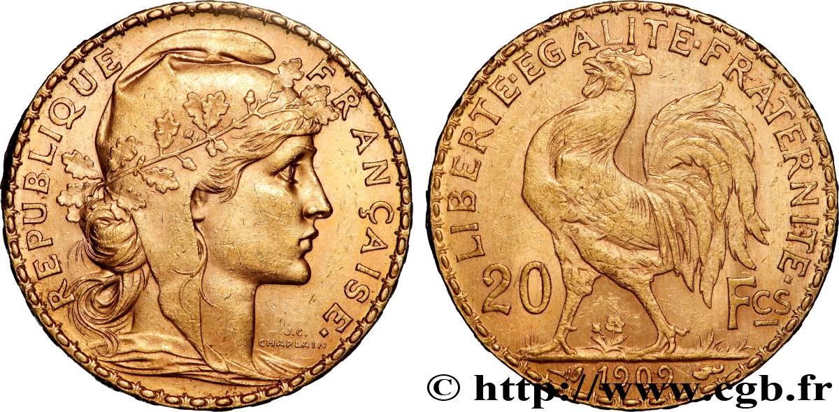 20 francs or Coq, Liberté Égalité Fraternité 1909 Paris F.535/3 TTB+ 