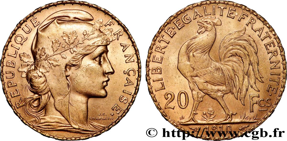 20 francs or Coq, Liberté Égalité Fraternité 1910 Paris F.535/4 VZ 