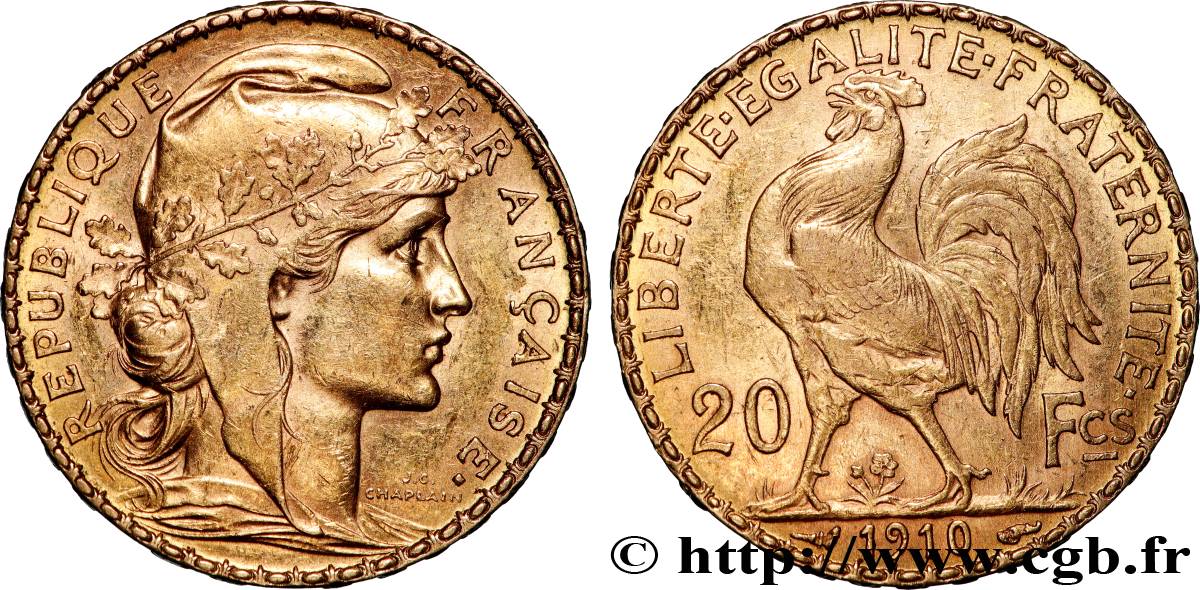 20 francs or Coq, Liberté Égalité Fraternité 1910 Paris F.535/4 SUP 