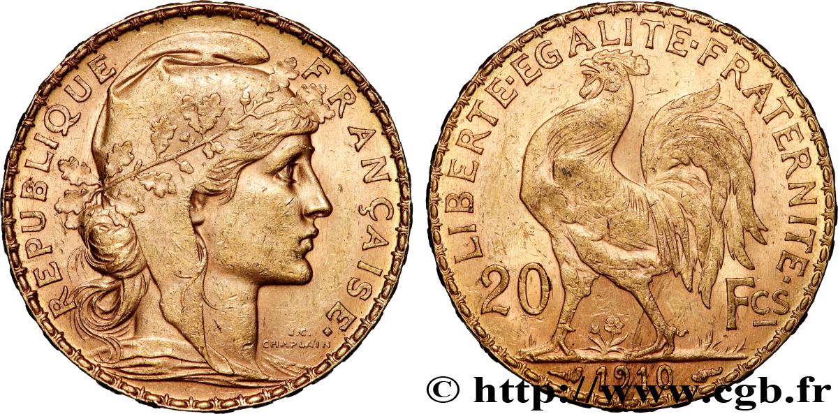 20 francs or Coq, Liberté Égalité Fraternité 1910 Paris F.535/4 SUP 