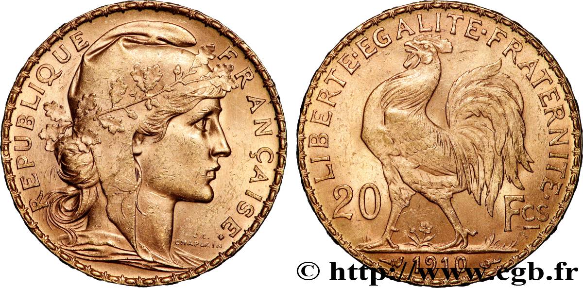 20 francs or Coq, Liberté Égalité Fraternité 1910 Paris F.535/4 AU 