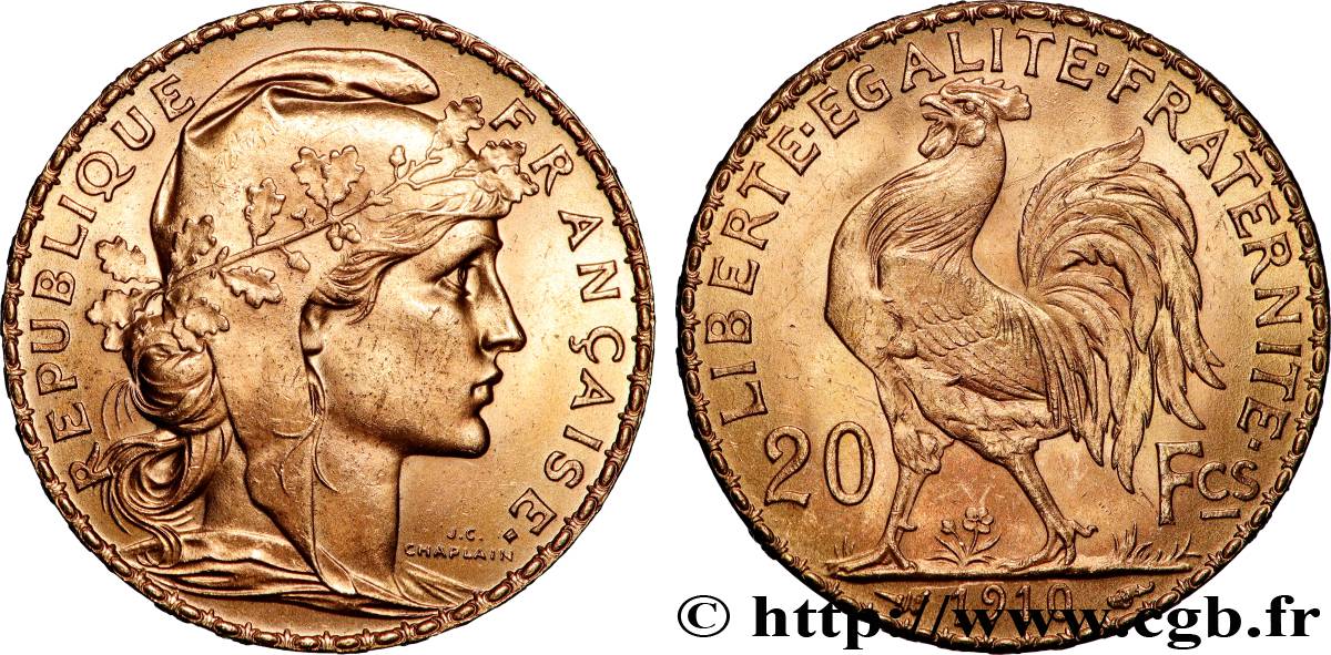 20 francs or Coq, Liberté Égalité Fraternité 1910 Paris F.535/4 SPL 