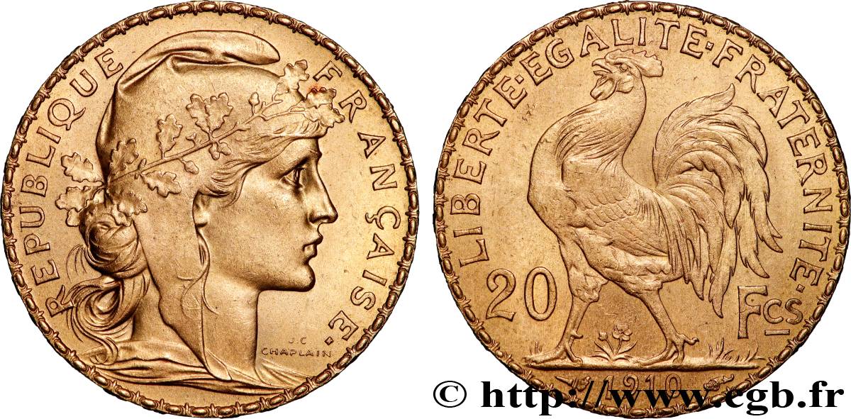 20 francs or Coq, Liberté Égalité Fraternité 1910 Paris F.535/4 SUP+ 