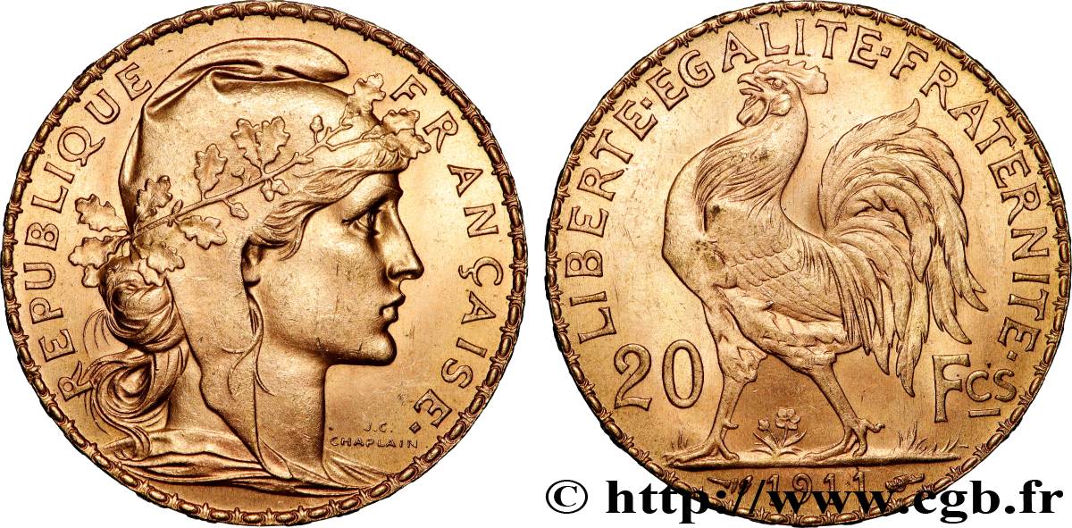 20 francs or Coq, Liberté Égalité Fraternité 1911 Paris F.535/5 SC 