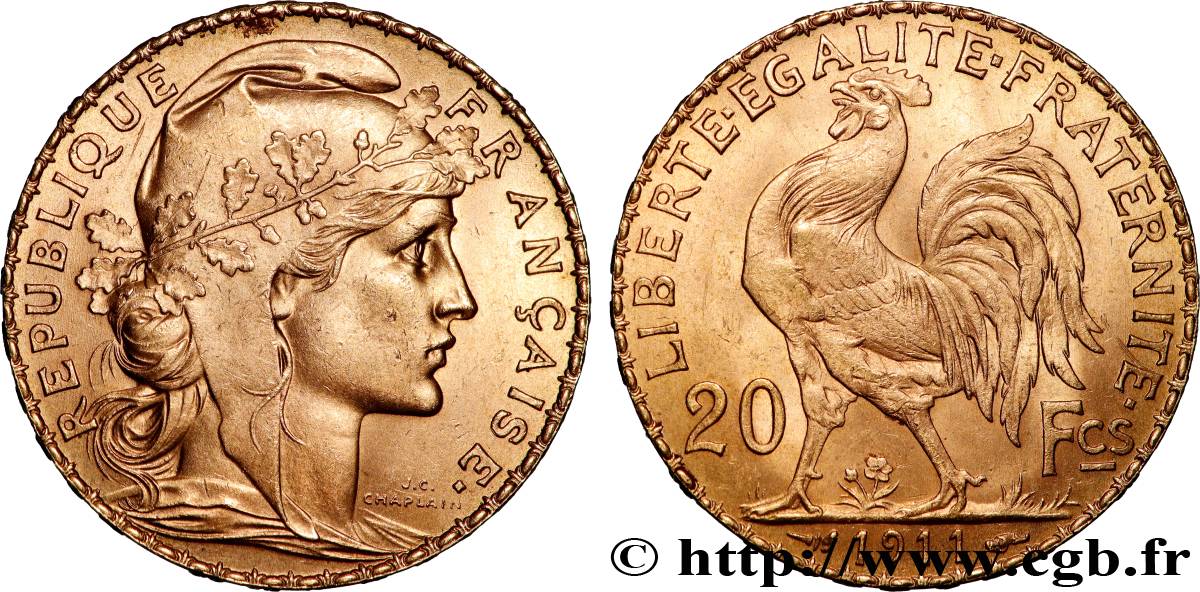 20 francs or Coq, Liberté Égalité Fraternité 1911 Paris F.535/5 MS 