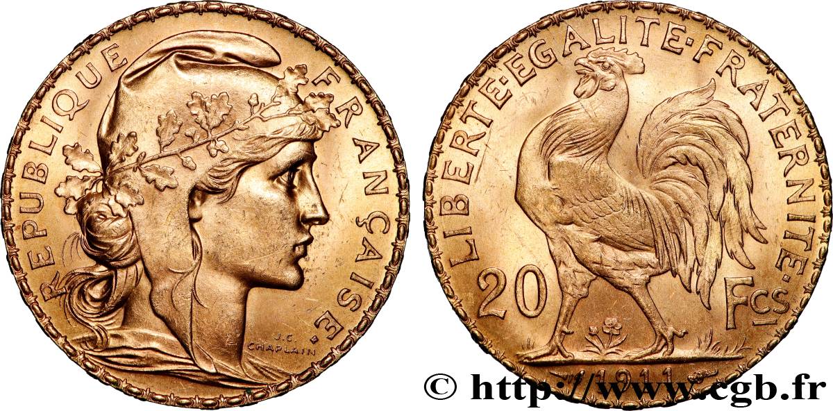 20 francs or Coq, Liberté Égalité Fraternité 1911 Paris F.535/5 SPL 
