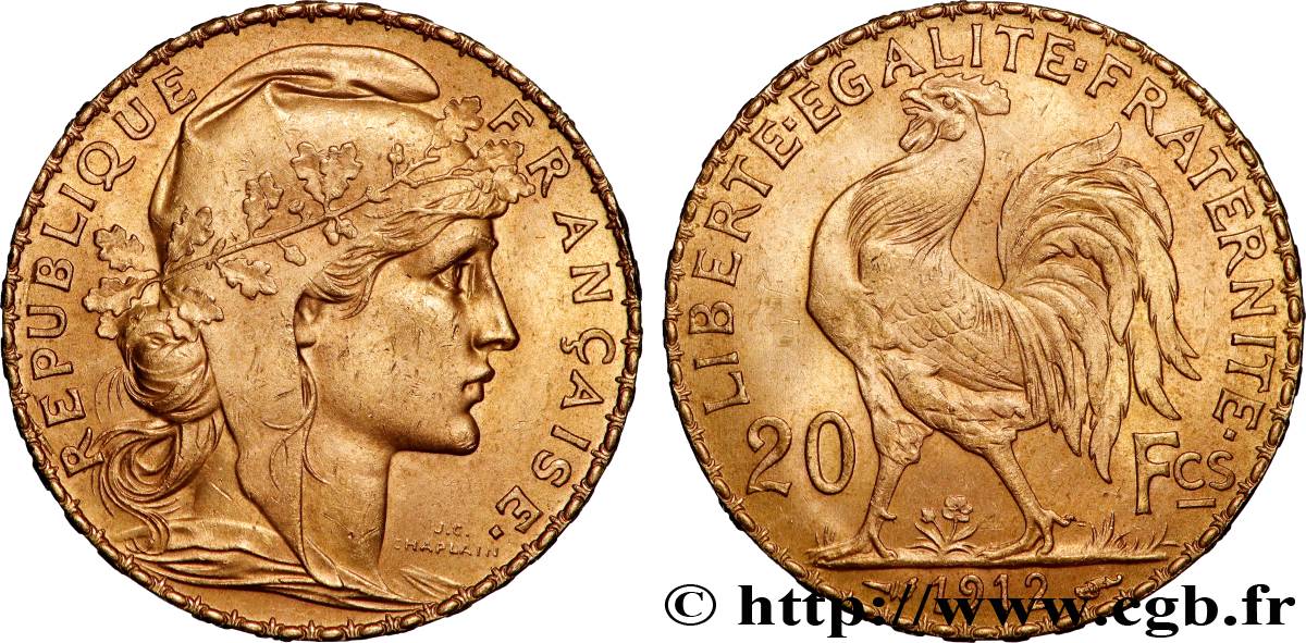 20 francs or Coq, Liberté Égalité Fraternité 1912 Paris F.535/6 SUP+ 