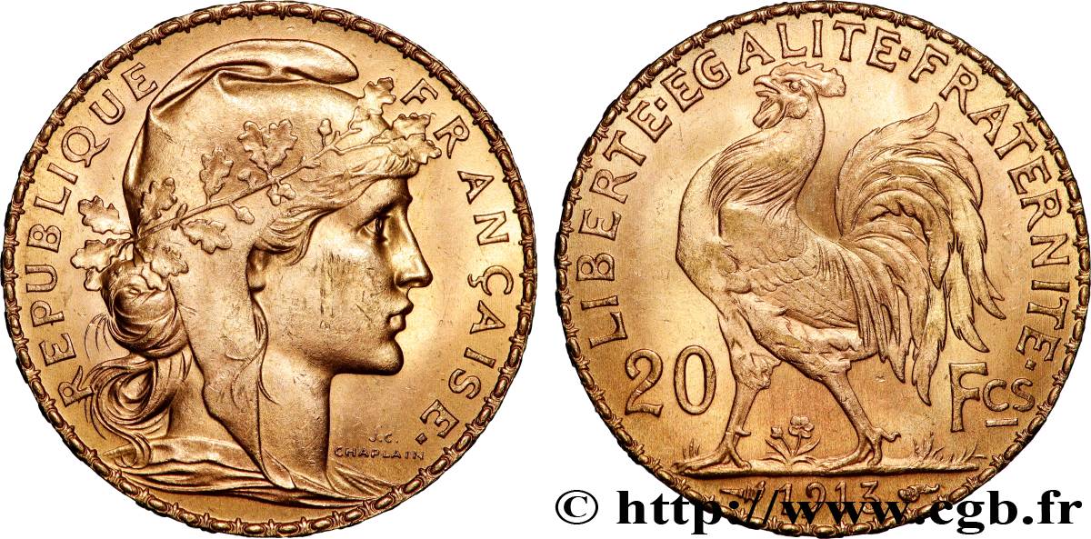 20 francs or Coq, Liberté Égalité Fraternité 1913 Paris F.535/7 SUP 