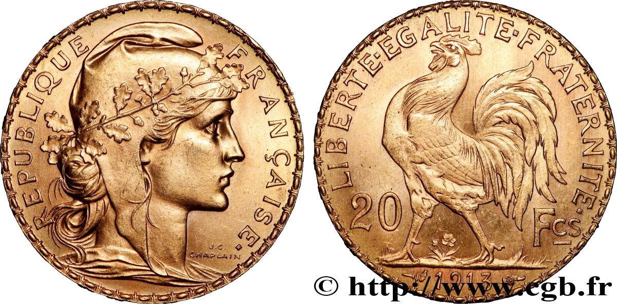20 francs or Coq, Liberté Égalité Fraternité 1913 Paris F.535/7 SUP+ 