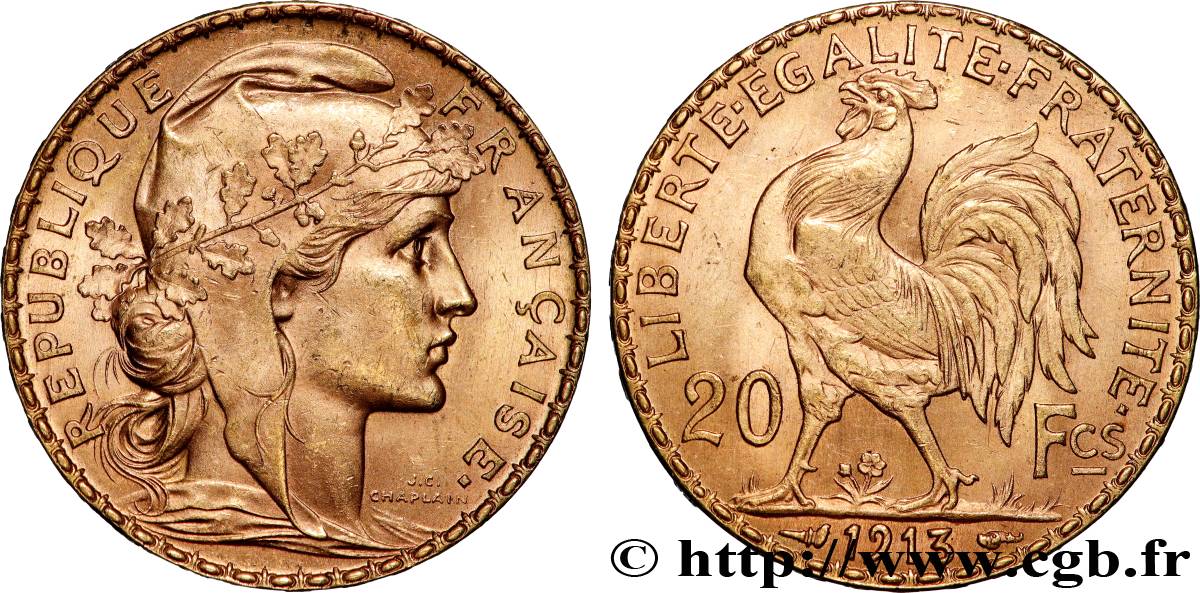 20 francs or Coq, Liberté Égalité Fraternité 1913 Paris F.535/7 SUP+ 