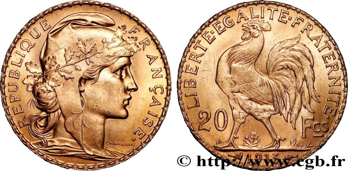20 francs or Coq, Liberté Égalité Fraternité 1913 Paris F.535/7 fST 