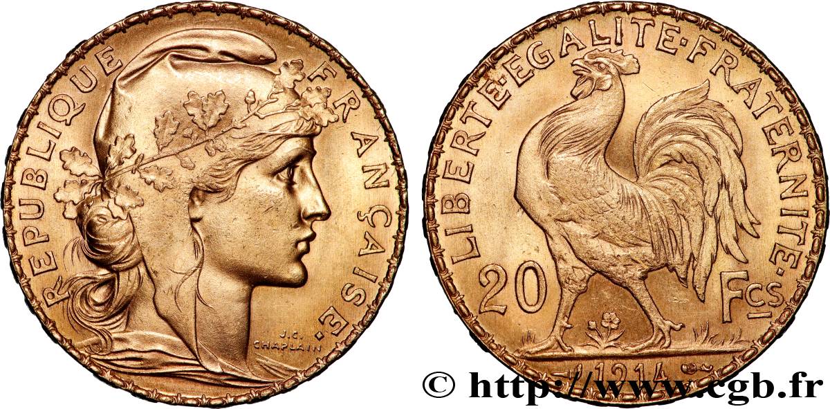 20 francs or Coq, Liberté Égalité Fraternité 1914 Paris F.535/8 fST 