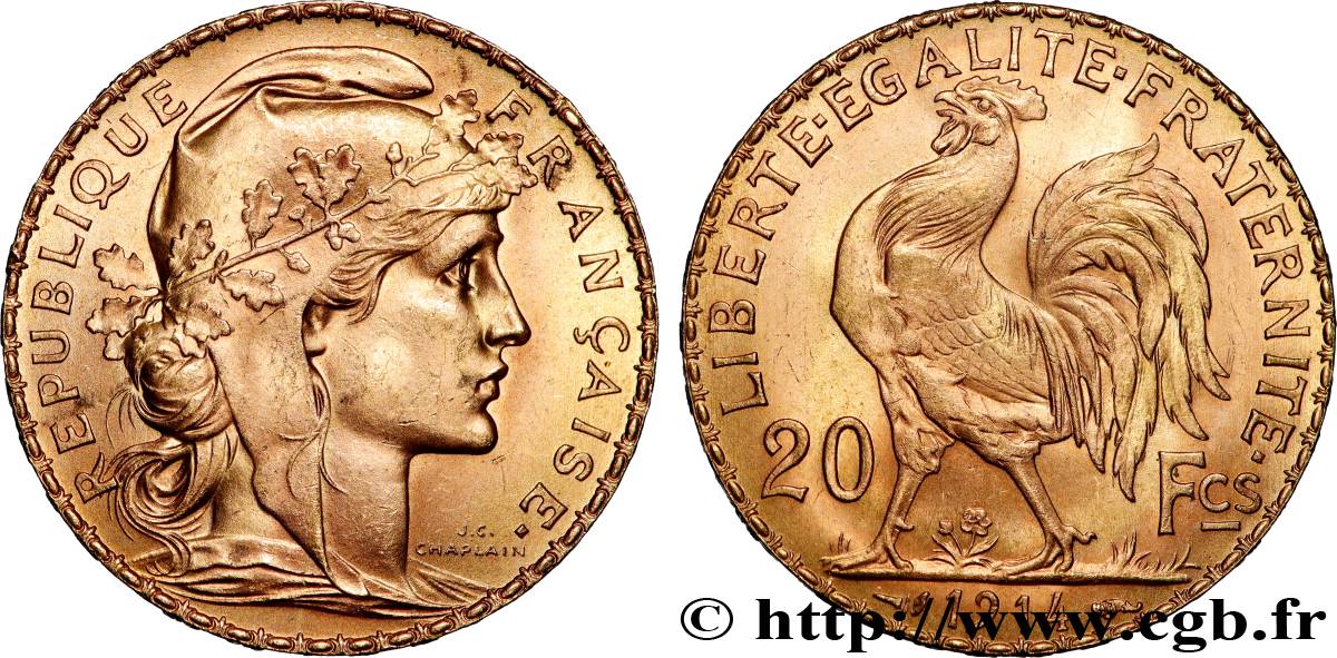 20 francs or Coq, Liberté Égalité Fraternité 1914 Paris F.535/8 SPL 