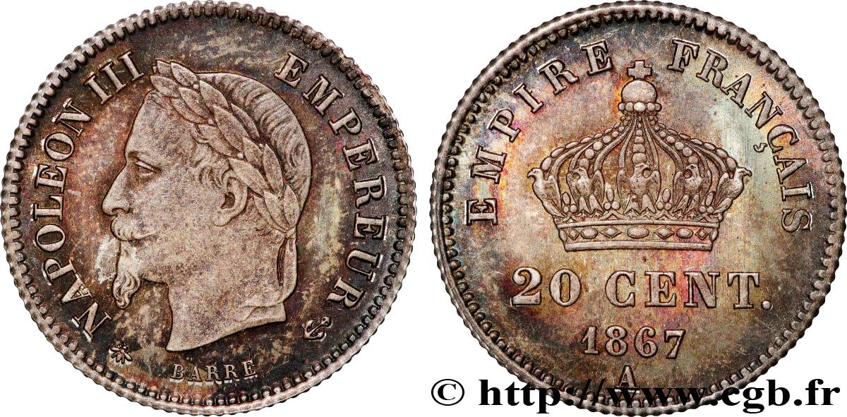 20 centimes Napoléon III, tête laurée, grand module 1867 Paris F.150/1 MS63 