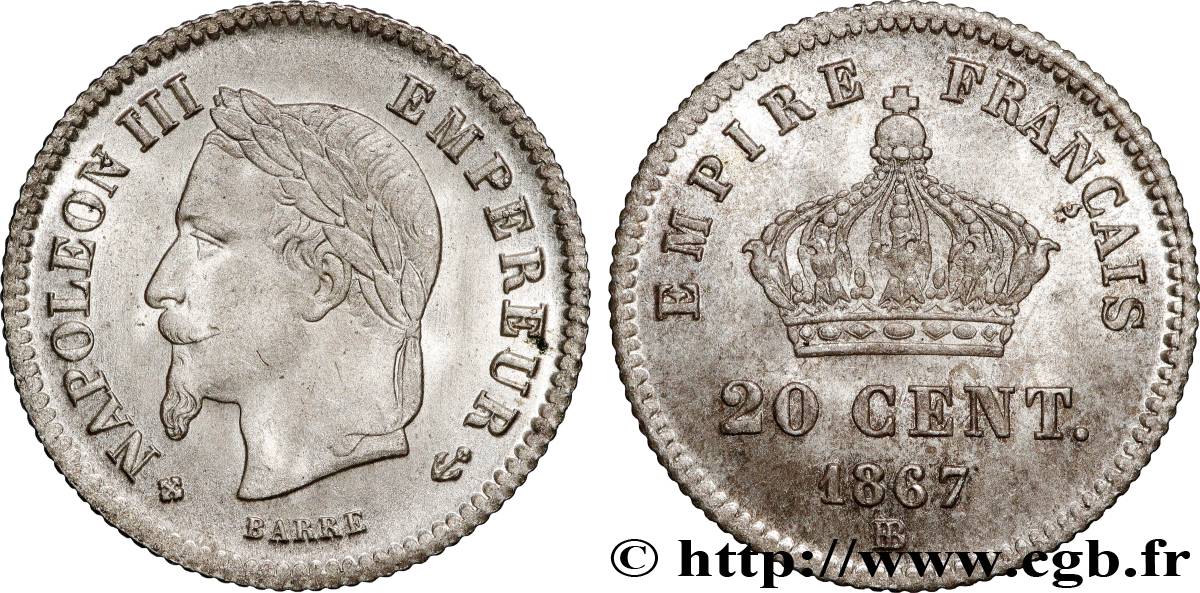 20 centimes Napoléon III, tête laurée, grand module 1867 Strasbourg F.150/2 MS64 