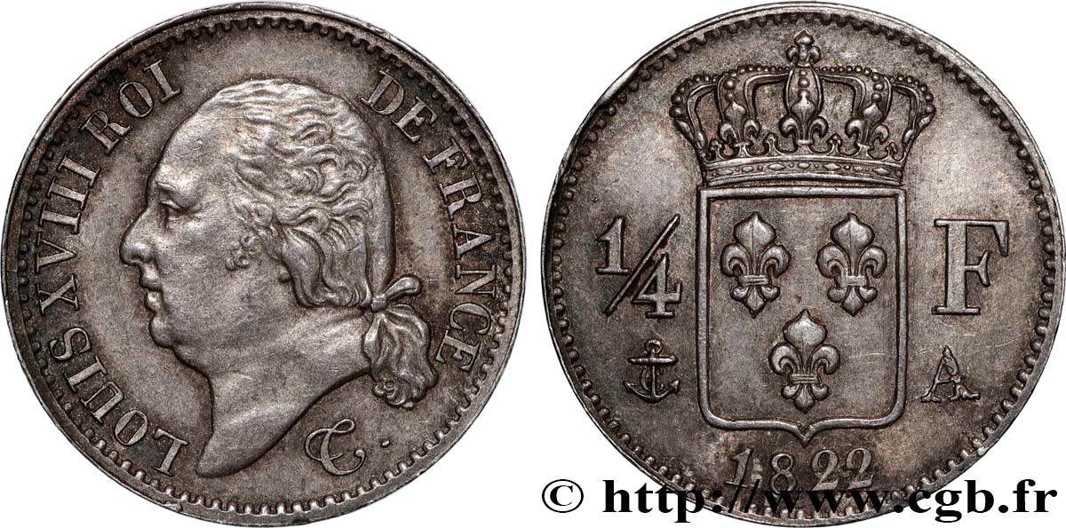 1/4 franc Louis XVIII 1822 Paris F.163/21 MS62 