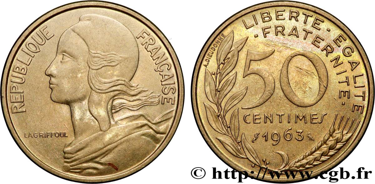 50 centimes Marianne, col à quatre plis 1963 Paris F.197/5 AU 