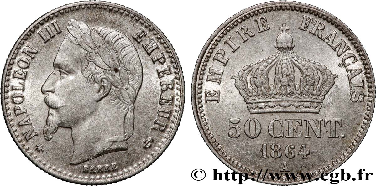 50 centimes Napoléon III, tête laurée 1864 Paris F.188/2 SPL64 