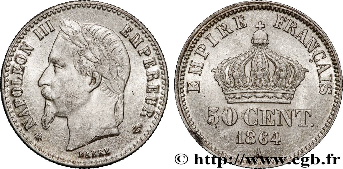 50 centimes Napoléon III, tête laurée 1864 Paris F.188/2 SPL63 