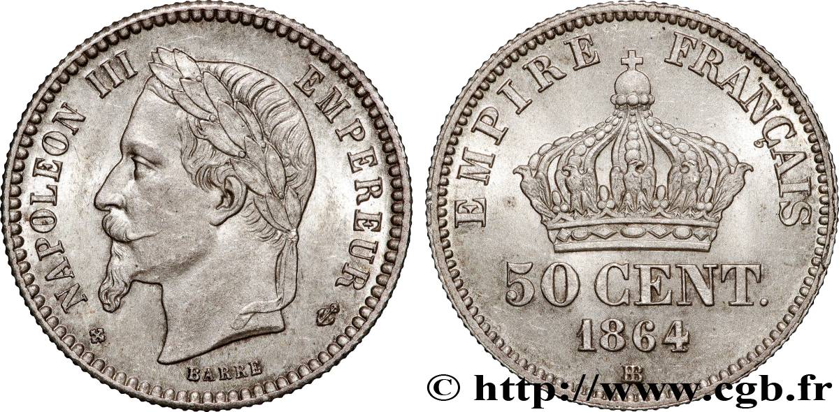 50 centimes Napoléon III, tête laurée 1864 Strasbourg F.188/3 MS63 