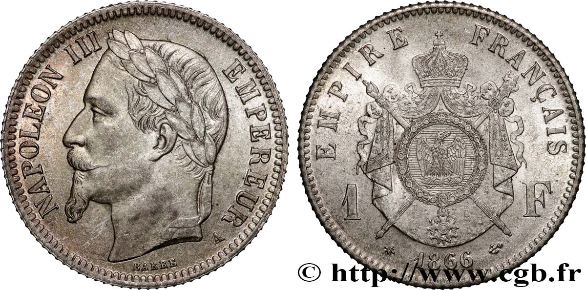 1 franc Napoléon III, tête laurée 1866 Paris F.215/3 SUP62 
