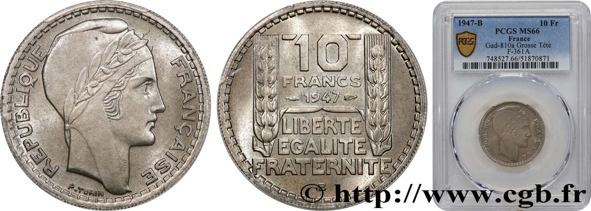 10 francs Turin, grosse tête 1947 Beaumont-Le-Roger F.361A/5 ST66 PCGS